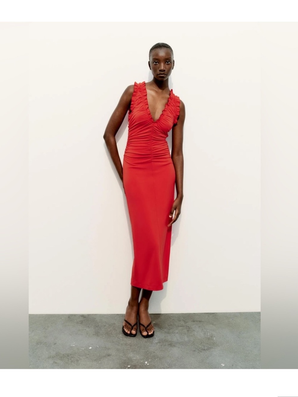 Zara Red Ruffled V-Neck Ruched Midi Dress